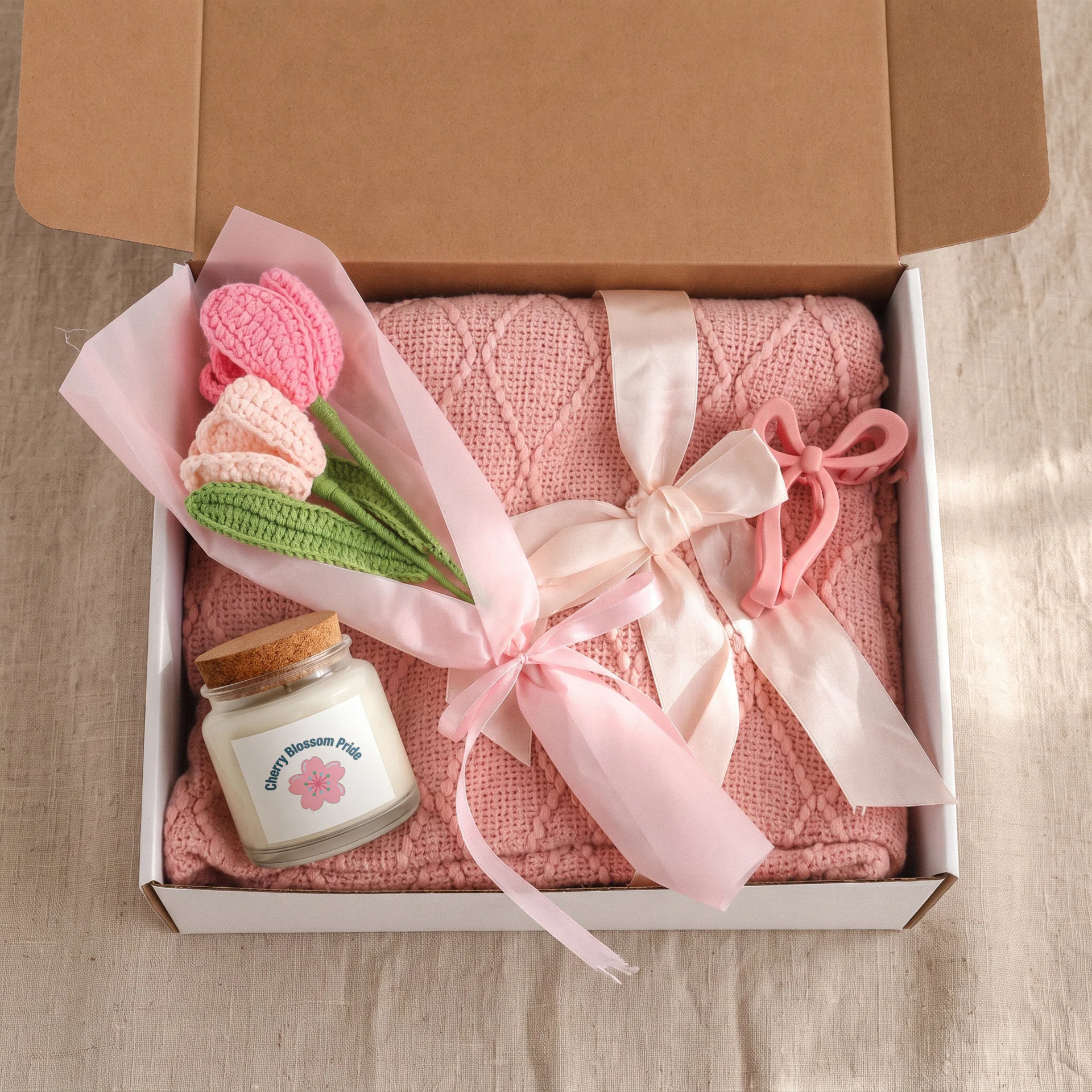 4-Piece Blush & Bloom Gift Set (Candle, Blanket, Crochet Bouquet, Bow Clip) Görsel 2
