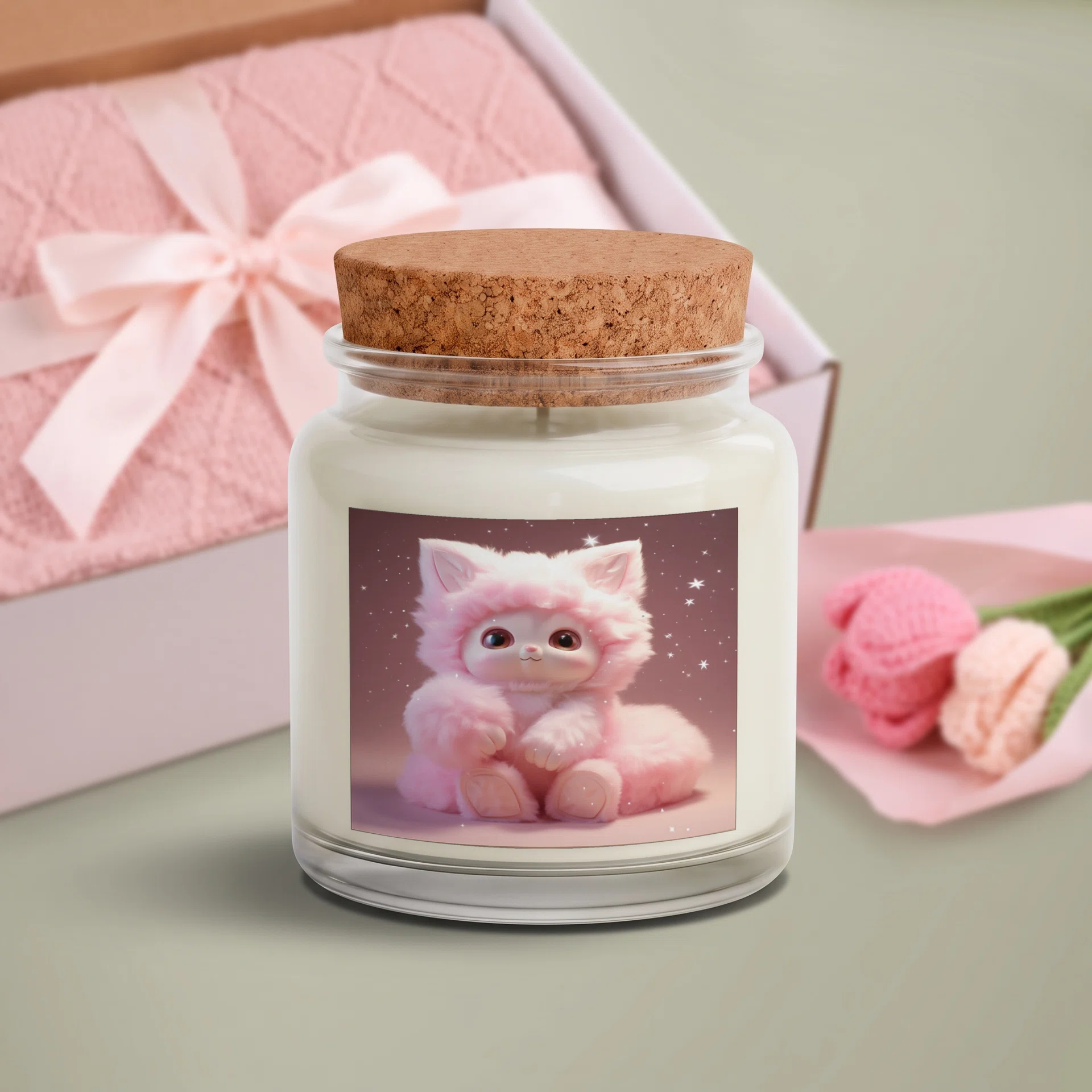4-Piece Blush & Bloom Gift Set (Candle, Blanket, Crochet Bouquet, Bow Clip) Görsel 2
